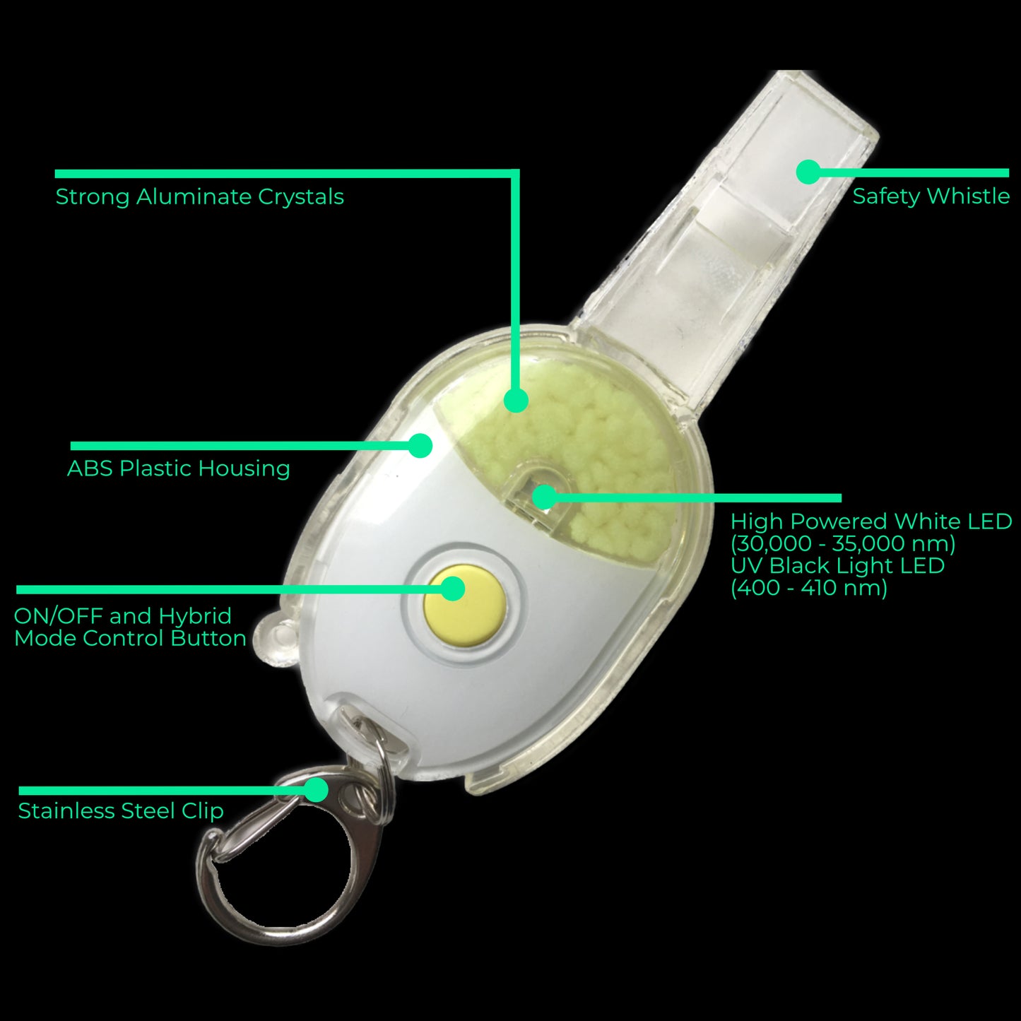glow in the dark micro safety light whistle MSL